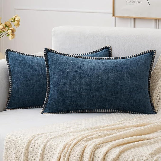 MIULEE Pack of 2 Lumbar Throw Pillow Covers 12x20 Inch Dark Blue Farmhouse Decorative Pillow Covers with Stitched Edge Soft Chenille Solid Dyed Pillow Covers for Couch Sofa Bed Living Room
