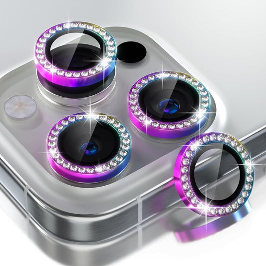 Choiche Compatible for iPhone 16 Pro/iPhone 16 Pro Max Camera Lens Protector Bling, 9H Tempered Glass Camera Cover Screen Protector Metal Ring Decoration Accessories (Diamond-Colorful)