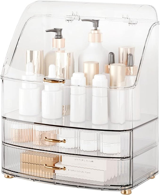 Makeup Organizer Countertop Vanity with Transparent Lid Drawers Waterproof Dustproof Cosmetic Skincare Bathroom Storage Gift for Women Teens Girls (Clear Whtie)