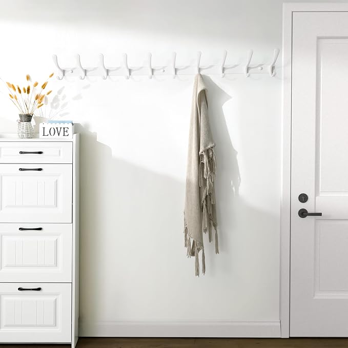 SKOLOO Coat Rack Wall Mounted - 10 Hooks, Pack of 2, Heavy Duty, Stainless Steel, Metal Wall Hangers, Sturdy Coat Hooks for Hanging Coats, Jacket, Clothes, Hat, White