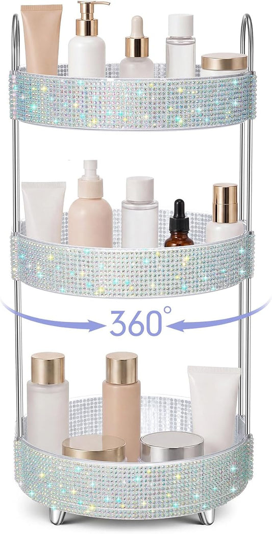 Honeydak 360 Rotating Perfume Organizer for Mother Day Nurse Day Rhinestone Bathroom Counter Organizer Makeup Holder Skincare and Perfume Storage for Cosmetic Countertop(3 Tiers,Resin Stone,Silver)