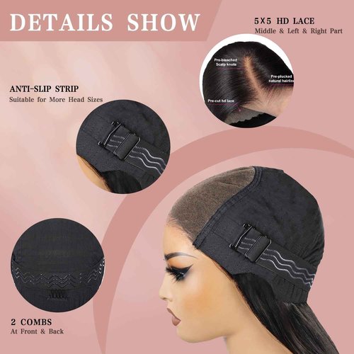 DSMOW 26 Inch 5x5 HD Lace Closure Wigs Human Hair Wear and Go Glueless Wigs Human Hair Pre Plucked Pre Cut for Beginners Body Wave Lace Front Wigs for Women 180% Density Natural Black