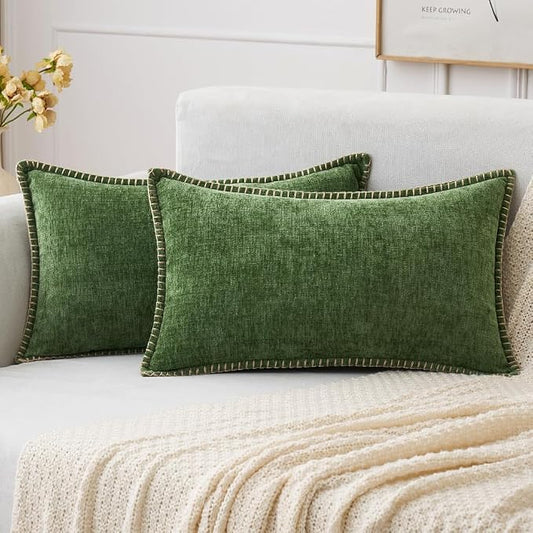 MIULEE Pack of 2 Lumbar Throw Pillow Covers 12x20 Inch Moss Green Farmhouse Decorative Pillow Covers Stitched Edge Soft Chenille Solid Dyed Pillow Covers for Couch Sofa Bed Living Room, Forest Green