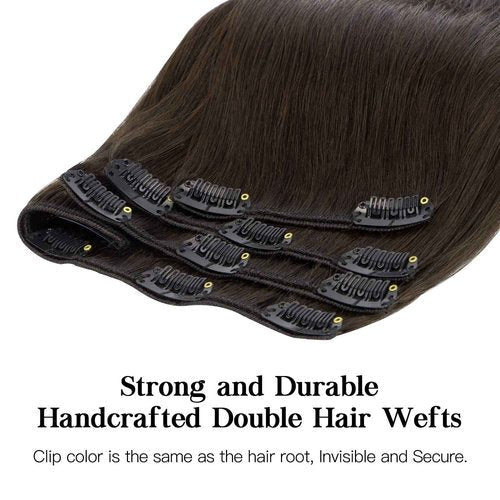 HOTBANANA Human Hair Clip in Hair Extensions, 2 Dark Brown 120g Clip in Hair Extensions Real Human Hair Straight Remy Hair Clip in Hair Extensions 22 Inch 7pcs