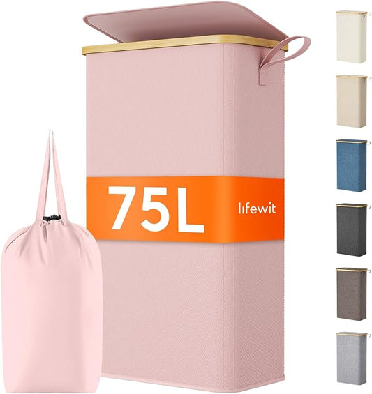 Lifewit 75L Slim Laundry Hamper with Lid, Narrow Laundry Basket with Removable Bag & Bamboo Handles, Fodable Thin Dirty Clothes Hamper for Laundry Collapsible Bin for Bathroom Bedroom Dorm, Pink