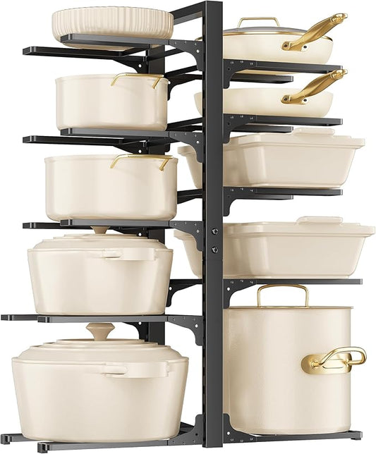 MUDEELA 10-Tier Pots and Pans Organizer under Cabinet, 23.62" Height Heavy Duty Pot and Pan Organizer Kitchen Cabinet Organization and Storage, Adjustable Pot Rack for Frying Pan, Cast Iron Skillet