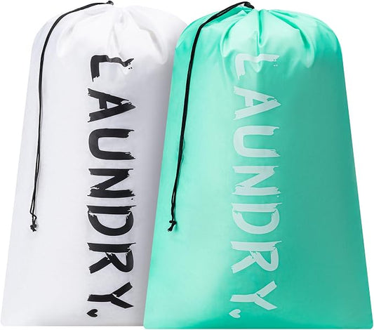 2 Pack XL Travel Laundry Bag, Machine Washable Dirty Clothes Organizer with Drawstring,Large Enough to Hold 4 Loads of Laundry, Easy Fit a Laundry Hamper or Basket Travel Essentials 24" x 36"