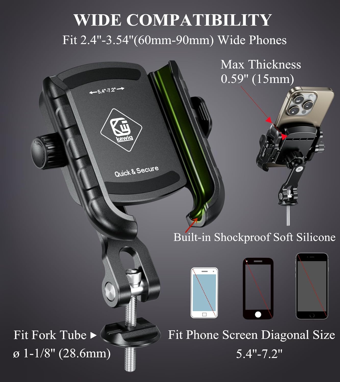 BRCOVAN Bike Fork Stem Phone Mount Holder [Camera Friendly] [1s Lock & Release] Adjustable Bicycle Headset Top Cap Cellphone Cradle with Solid Aluminum Mounting Base Fit 5.4'' - 7.2" Smartphones"