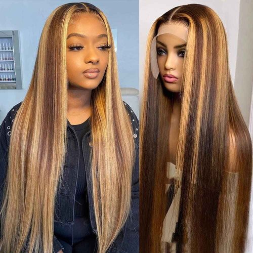 Habiliana Human Hair Wig 200% Density HD Straight Wave Wigs Human Hair Real Full Large Lace 4x4 Highlight P4/27 Weave Wigs Pre Plucked for Black Women