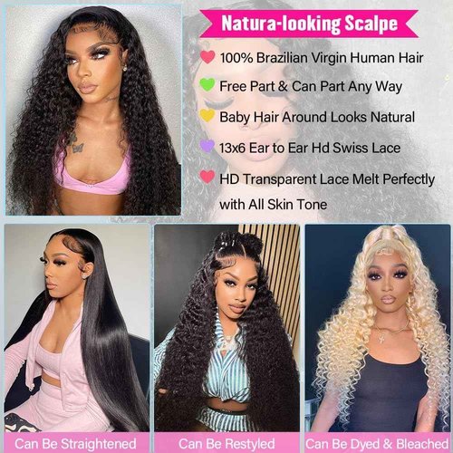 Segsavor 13x6 Deep Wave Lace Front Wigs Human Hair 200% Density HD Lace Front Wigs Human Hair Pre Plucked Natural Color Glueless Wig 100% Virgin Lace Front Wigs for Women（20inch）