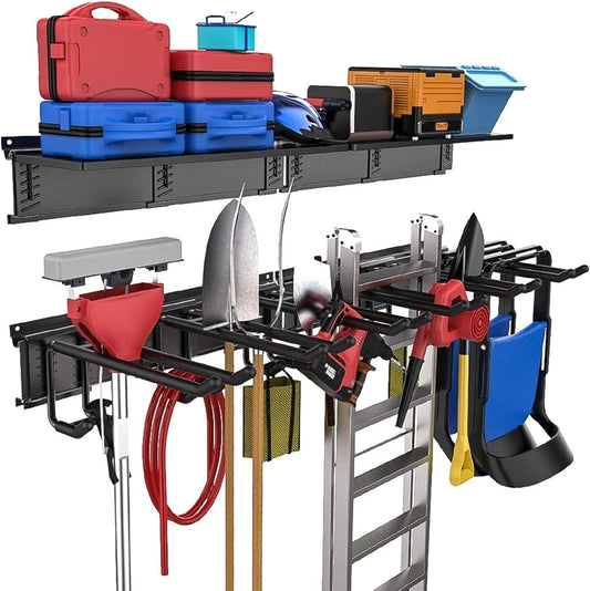 TORACK Garage Storage Organizer Systems, Wall Mount Overhead shelving, 48 inch Heavy Duty Steel Tool Racks, 6-Pack 12'' Double Hooks, 48 inch by 7 inch Floating Shelves, up to 1200Ibs