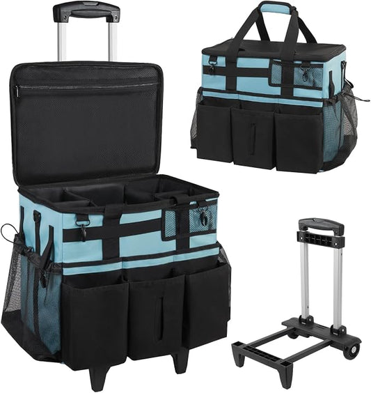 SCAVATA Rolling Cleaning Caddy Bag with Detachable Trolley, Large Cleaning Supplies Organizer with Wheels, Multi Pocket Cleaning Cart with Adjustable Shoulder Strap for Housekeepers & Home, SkyBlue