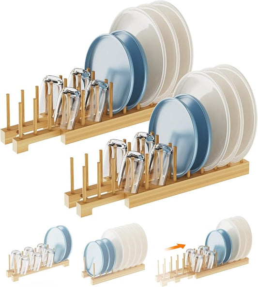 Bamboo Dish Drying Rack Set of 2, Adjustable Plate Organizer for Cabinet, Space-Saving for Plates, Bowls, Cups, Pot Lids & Cutting Boards, Vertical Bamboo Plate Holder Rack Dish Organizer