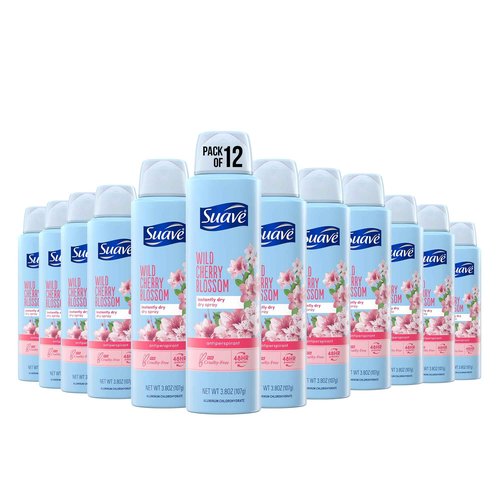 Suave Spray Deodorant Woman, Wild Cherry Blossom, deodorant women spray, Antiperspirant, 48-Hour Odor & Wetness Protection, 3.8 Oz (Pack 12)