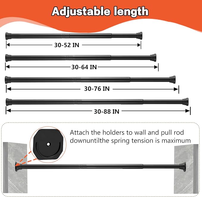 Closet Rod - 30-64 Inches, No Drilling Closet Rod Extender Hanging - Matte Black Adjustable Clothes Hanging Bar, for Closet, Bathroom, Windows with No Drilling Holder