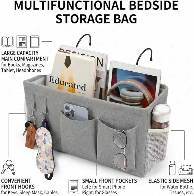 2pc Bedside Caddy Organizer with Hooks, No-Sagging Canvas Hanging Bed Pocket with Water Bottle Holder, Bedside Storage for Dorm Room Essentials, Bunk Bed Accessories, Hospital Bed Rails & Crib (pink)