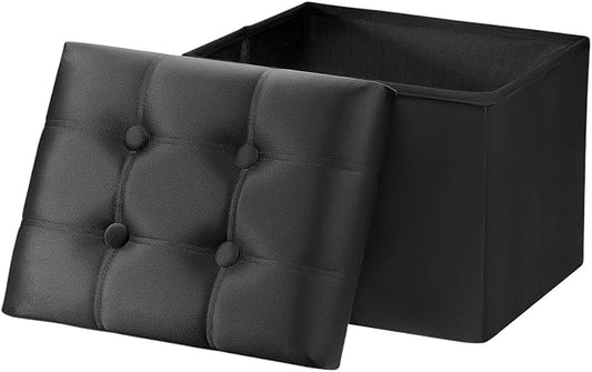 AmasSmile Storage Ottoman Foot Rest Stool, 17 inch Velvet Footstool Bench, Black Short Ottomans Stool, Small Folding Storage Ottoman Store Books, Record