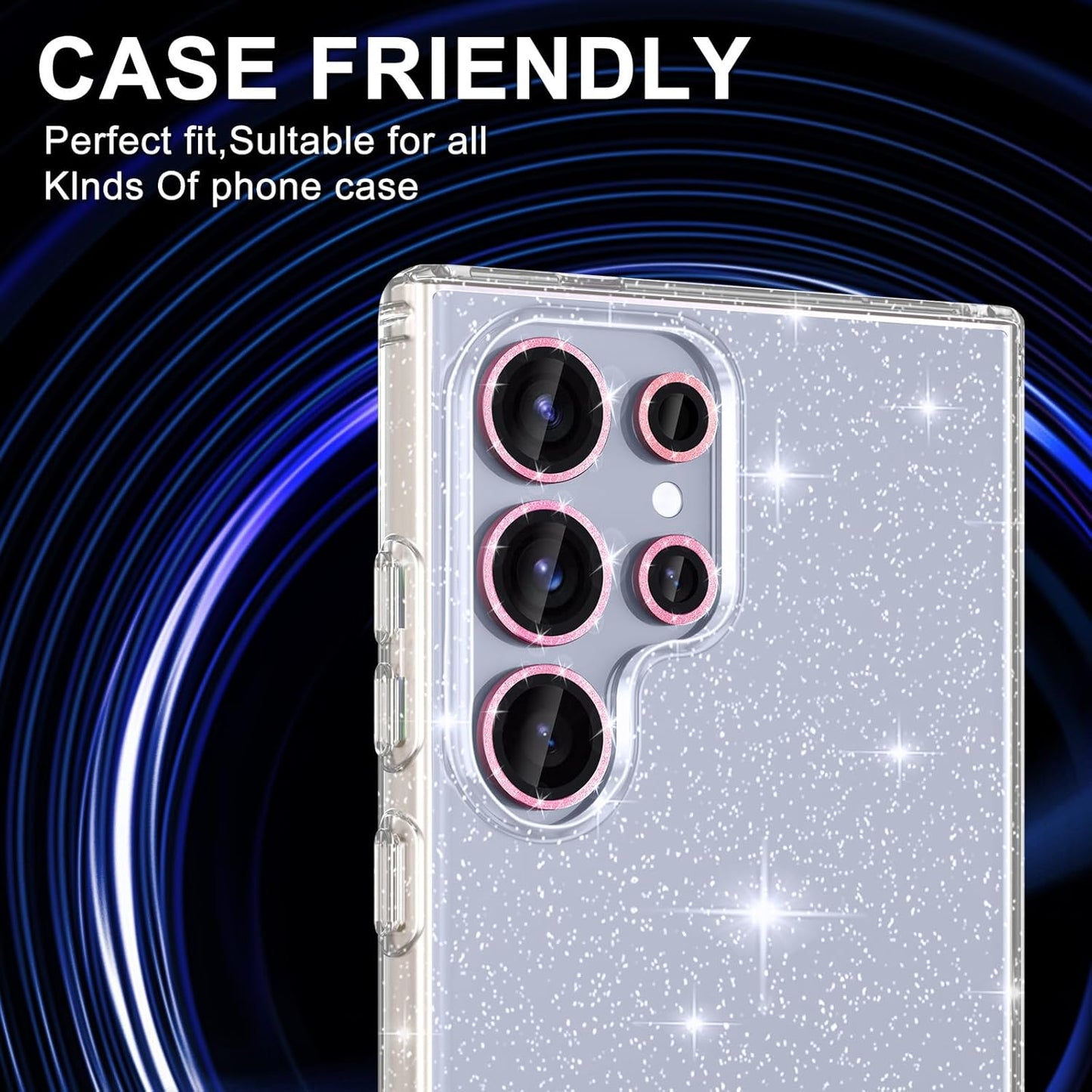 for Samsung Galaxy S25 Ultra Camera Lens Protector, Individual Metal Ring Tempered Glass Lens Cover, [Strong Adsorption] Scratch Resistant Ultra-Thin HD Clear Lens Cover, 1 Set-Pink Sparkly