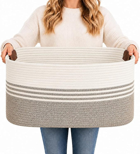 Large Woven Laundry Basket Hamper, 72L Cotton Rope Storage Bin for Blankets, Toys, Clothes, Decorative Nursery Hamper for Living Room, Baby Nursery, Bathroom, Bedroom, Kids Storage, Brown