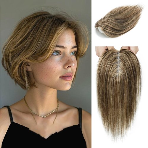 SHEIRIS 4/27 Human Hair Toppers for Women, for Women with Thinning Hair Swiss Base, No Bangs, 10 Inch (#Medium Brown Mix Blonde)