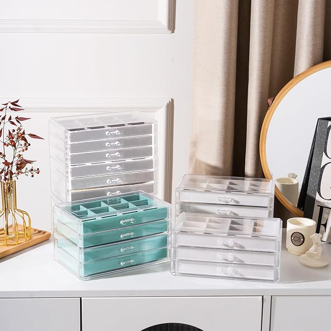 Lolalet Earring Holder Organizer Box Jewelry Storage with 6 Drawers, Clear Acrylic Stackable Earring Case with Adjustable Velvet Trays for Women on Dresser Vanity -Warmwhite, 6 Layers