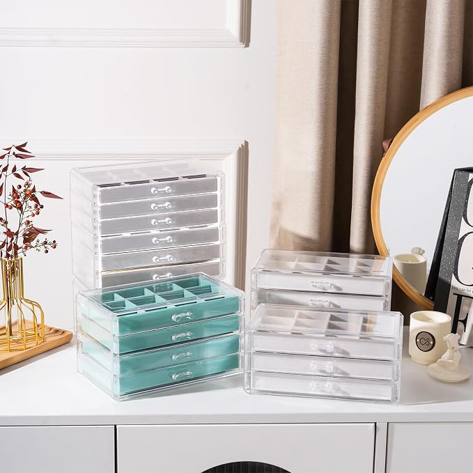 Lolalet Earring Holder Organizer Box Jewelry Storage with 9 Drawers, Clear Acrylic Stackable Earring Case with Adjustable Velvet Trays for Women on Dresser Vanity -Grey, 9 Layers