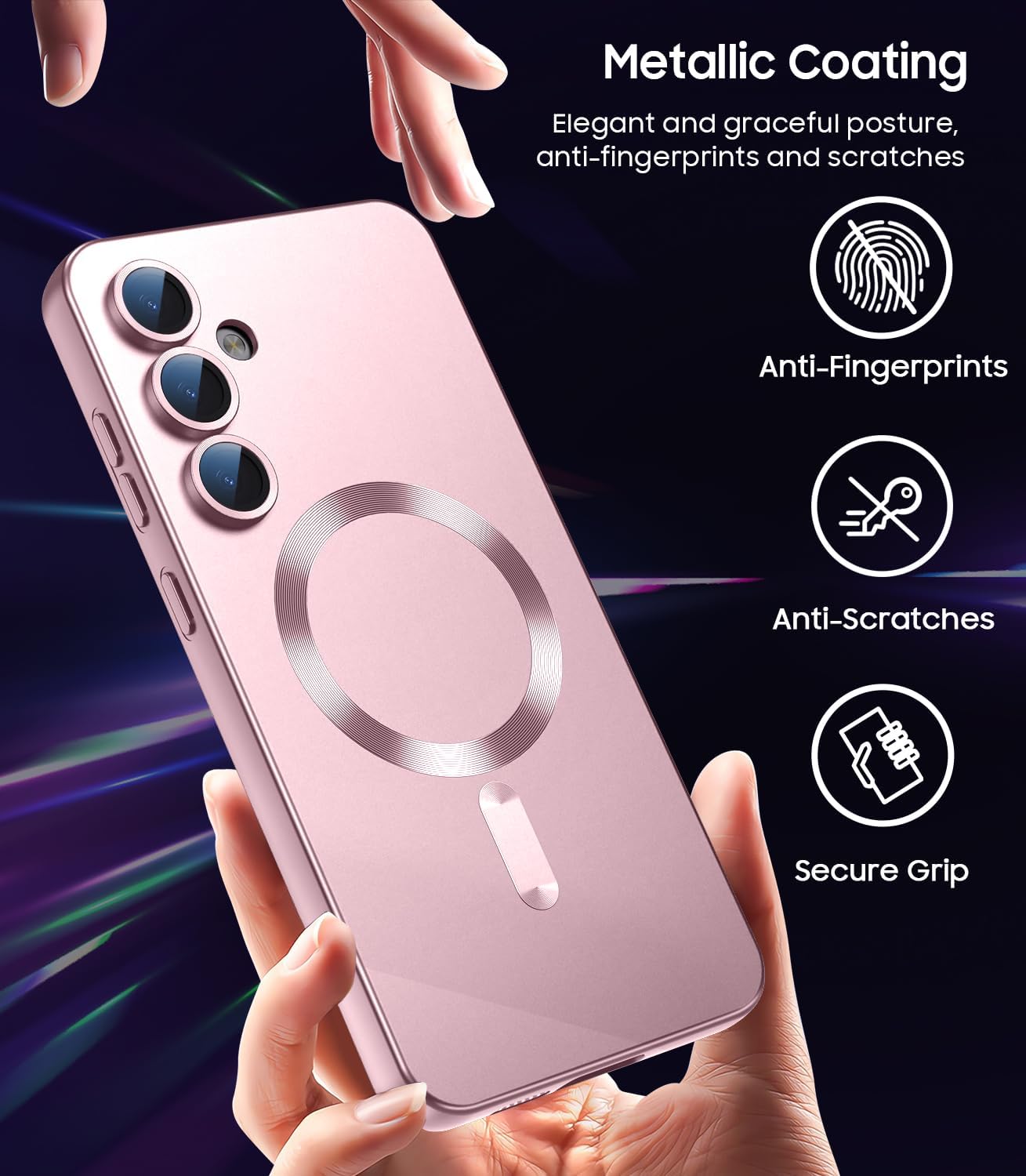 Magnetic for Samsung Galaxy S24 Plus Case [Compatible with MagSafe][Built-in Camera Lens Protector] Slim Soft Silicone Bumper Shockproof Metallic Luster Phone Case (Rose Gold)