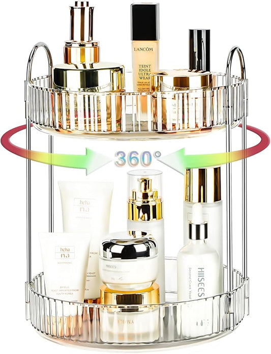 360 Rotating Makeup Organizer, 2 Tier Lazy Susan Bathroom Counter Organizer, Skincare Organizers, Spinning Perfume Organizer & Vanity Organizer Countertop (Silver Clear, 2 Tier)