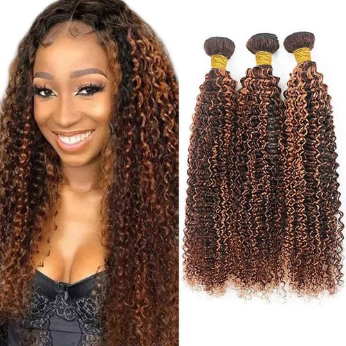 Giginger Jerry Curly Human Hair Bundles 20 22 24 Inch Brazilian Chocolate Brown Highlight P4/30 Jerry Curly Bundles Human Hair 100% Unprocessed Raw Quick Weave Hair for Black Women