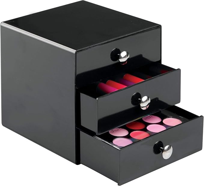 iDesign 35360 3-Drawer Plastic Vanity Organizer, Compact Storage Organization Set for Cosmetics, Dental Supplies, Hair Care, Bathroom, Dorm, Desk, Countertop, Office, 6.5" x 6.5" x 6.5", Black
