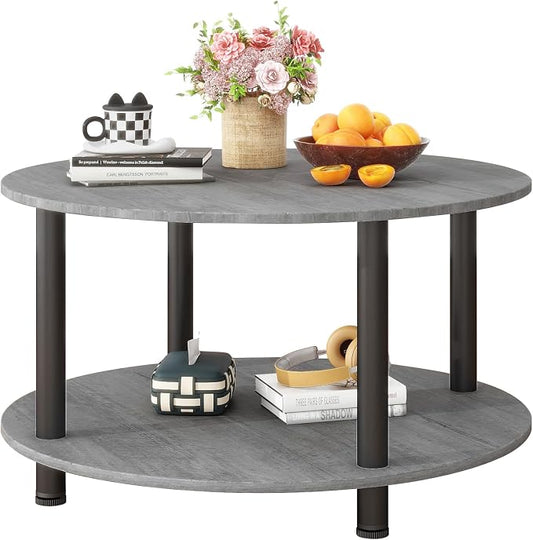 23.6" Round Coffee Table, 2-Tier Small Circle Coffee Table with Storage, Modern Center Accent Table with Metal Frame, Side Table End Table for Small Space, Living Room, Office, Grey