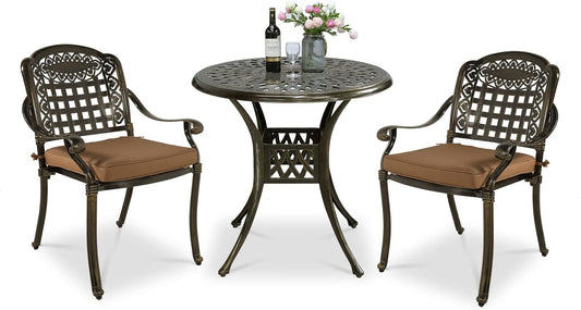 VIVIJASON 3-Piece Outdoor Patio Bistro Set, All-Weather Cast Aluminum Furniture Dining Sets Include 2 Cushioned Chairs and 31" Round Table w/Umbrella Hole for Balcony, Lawn, Garden, Backyard