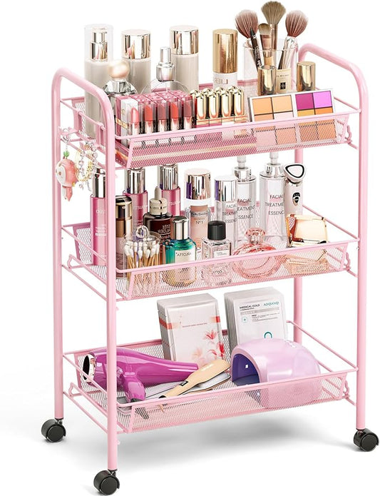 TOOLF 3 Tier Rolling Cart Pink - Metal Storage Organizer with Wheels, 33 lbs Shelf Capacity, Easy 5-Min Assembly, for Girls Room Bathroom Kitchen Office Nursery, Compact Design for Small Spaces, Pink