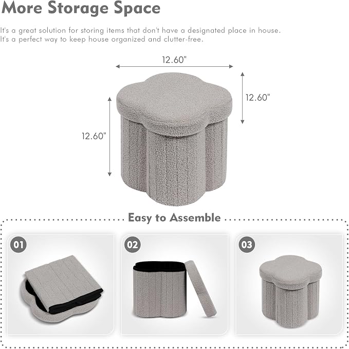 B FSOBEIIALEO Storage Ottoman Cube, Flowers Shaped Ottomans with Storage Foot Stool Footrest for Lving Room, Boucle Ottoman Seat for Dorm Room,Faux Teddy Fur, Grey 12.6"x12.6"x12.6"