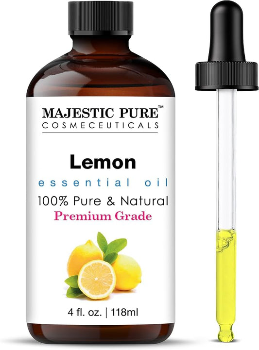 Majestic Pure Essential Oil with Glass Dropper - 100% Pure and Natural - Essential Oils for Diffuser, Aromatherapy, Soap and Candle Making, Lemon Essential Oil, Lemon Oil, 4 Fl Oz