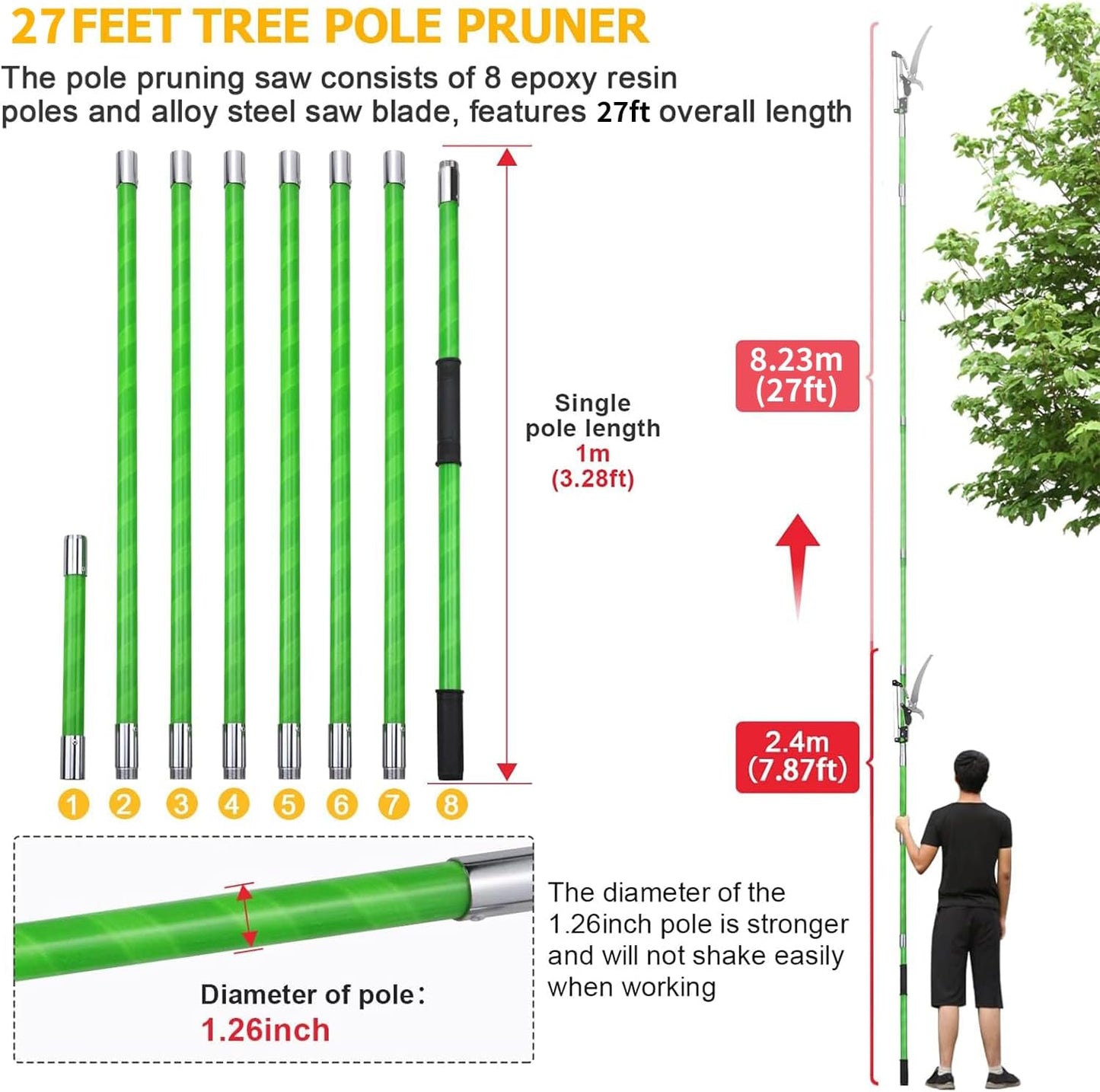 27 Feet Tree Pole Pruner Manual Branches Trimmer Tree Branch Garden Tools Loppers Hand Pole Saws Extendable Height Adustable System for Sawing and Shearing