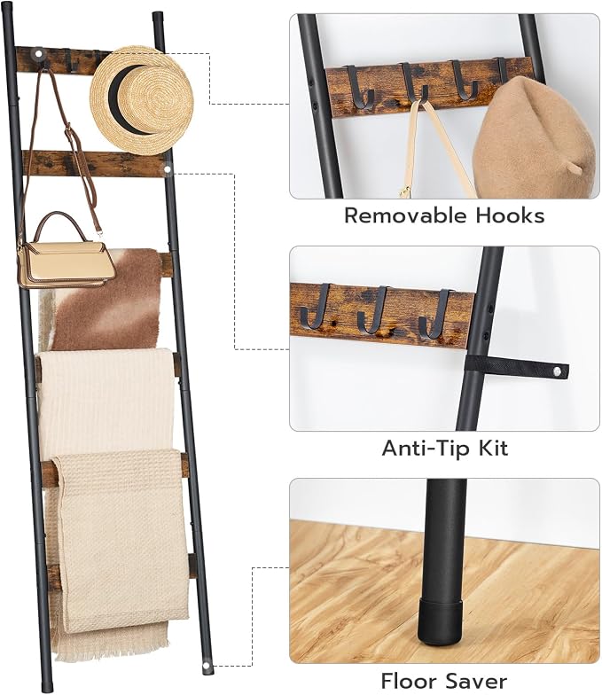 HOOBRO 5 Tier Blanket Ladder with Magazine Pocket and 6 Tier Towel Rack Bundle, Wall-Leaning Blanket Rack for Living Room, Decorative Ladder with 4 Hooks, Rustic Brown BF32CJ01-BF66CJ01