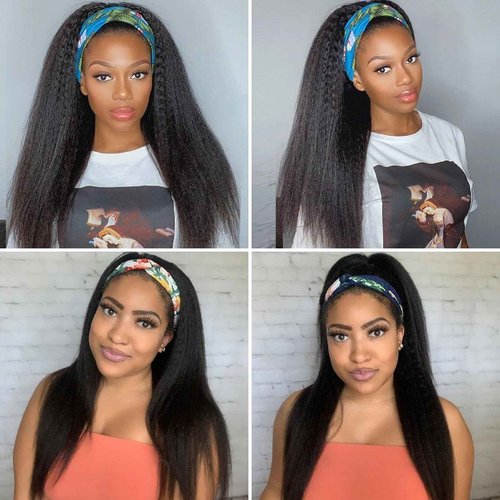 VIVIBABI Headband Wig Human Hair Kinky Straight 20 Inch Glueless None Lace Front Wigs for Black Women Headband Half Wigs 180% Density Natural Color
