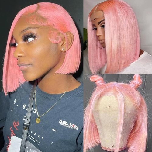 Pink Human Hair Lace Front Wig 14 Inch 13x4 HD Transparent Lace Frontal Wig Human Hair Pre Plucked with Baby Hair Colored Light Pink Human Hair Bob Wigs for Black Women 180% Density Short Bob Wig