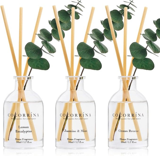 COCORRÍNA Eucalyptus Reed Diffuser Set of 3 - Lemon Eucalyptus, Jasmine & Mint, Ocean Breeze Scents, 1.7 fl oz Each, Total 5.1 oz, Scented Oil Diffusers for Home & Office