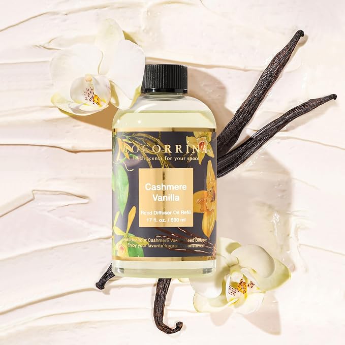 Cocorrína Reed Diffuser Refill Cashmere Vanilla 17oz (500ml) with 8 Rattan Sticks - Premium Long-Lasting Essential Oil, Home Fragrance for Bedroom, Bathroom Home Decor
