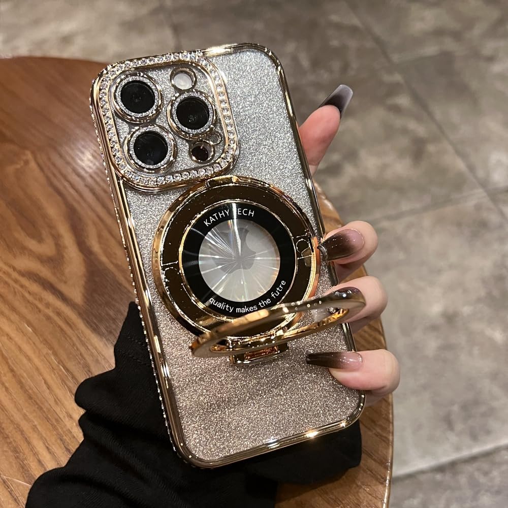 Magnetic Kickstand (Glitter Lens Protector ) Case for iPhone 15 14 13 12 Pro Max (Compatible with Magsafe ) Sparkling Diamond Cover Glitter Shiny Rhinestone Cases (Gold,for iPhone 12)