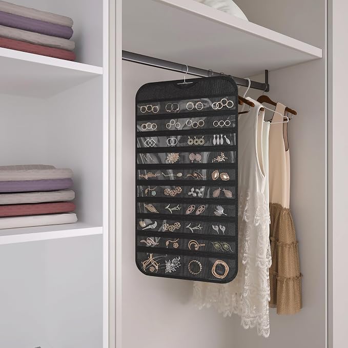2 Pack Hanging Jewelry Organizer 80-Pocket Dual-sided Jewelry Storage for Earring Necklace Bracelet Ring Travel Holder, Black