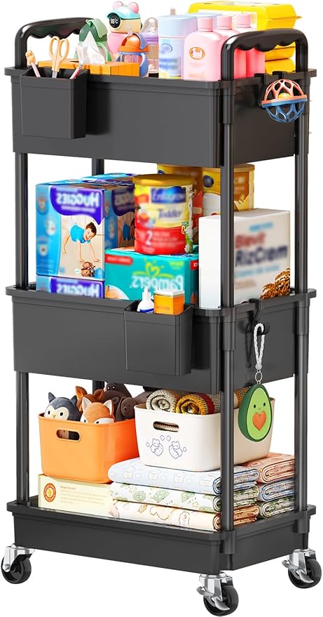SUNALLY Baby Diaper Caddy Cart, 3 Tier Rolling Diaper Cart with Lockable Wheels for Nursery Essentials, Large Capacity & Easy Assemble Diaper Storage Organizer for Newborn,New Mom, Black