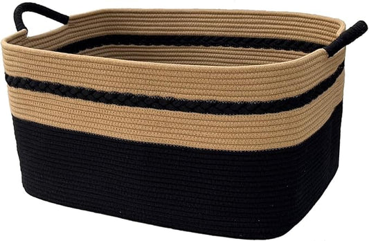 large laundry basket woven from natural cotton rope with handles storage blankets for living rome big decorative quilted baskets for clothes toys pillows hamper 22"x14.6"x12" black