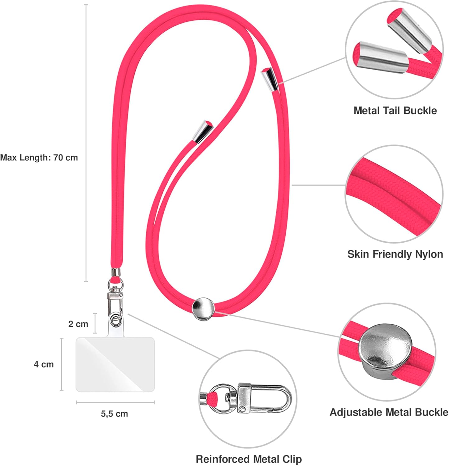 Cell Phone Lanyard [Fluor Pink] - Comfortable Universal Smartphone Lanyard - Easy to Use Neck Phone Holder [Clear Patch] - Adjustable Length Phone Strap Crossbody - Fits All Mobile Phones