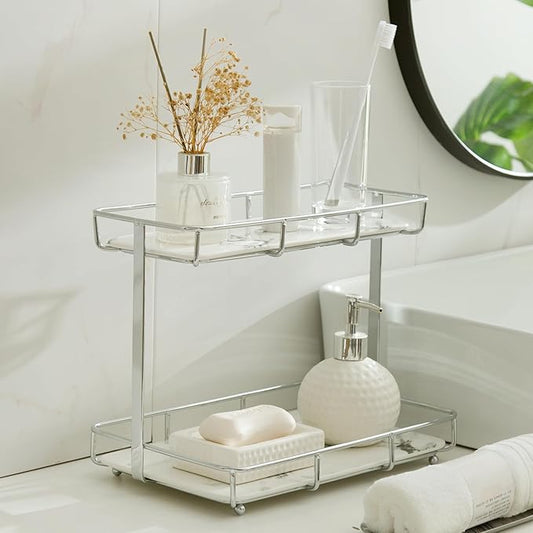 Bathroom Organizer Countertop Perfume Organizer Makeup Organizer Cosmetics Storage Display Rack Vanity Tray Dresser Stainless Steel Gold Shelf White Marble Ceramic Tray (2 Tier L-Sliver) | Perfume Organizer