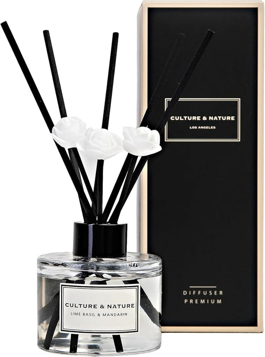 CULTURE & NATURE Reed Diffuser Set 4oz (120ml) Lime Basil & Mandarin Scented Diffuser with Sticks Home Fragrance Reed Diffuser for Bathroom Shelf Decor