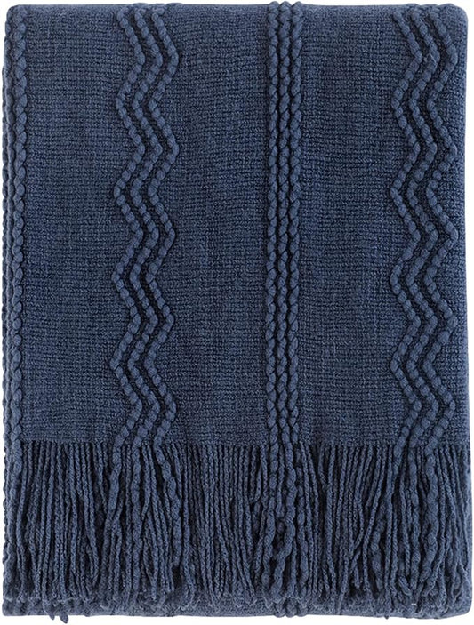 BOURINA Navy Throw Blanket 50x60 Inches Throw Textured Solid Soft Sofa Throw Couch Cover Knitted Decorative Blanket
