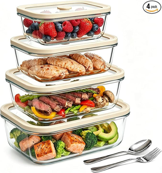 4 Pack Glass Meal Prep Containers Set with Glass Lids, Plastic-Free Glass Food Storage Containers, Multi-Size Glass Food Prep Containers for Lunch, Leftovers, Microwave, Freezer (12, 21, 35, 50 oz)